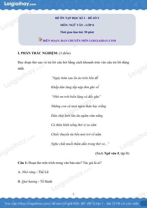 Đề ôn tập học kì 2 Văn 8 - Đề số 5